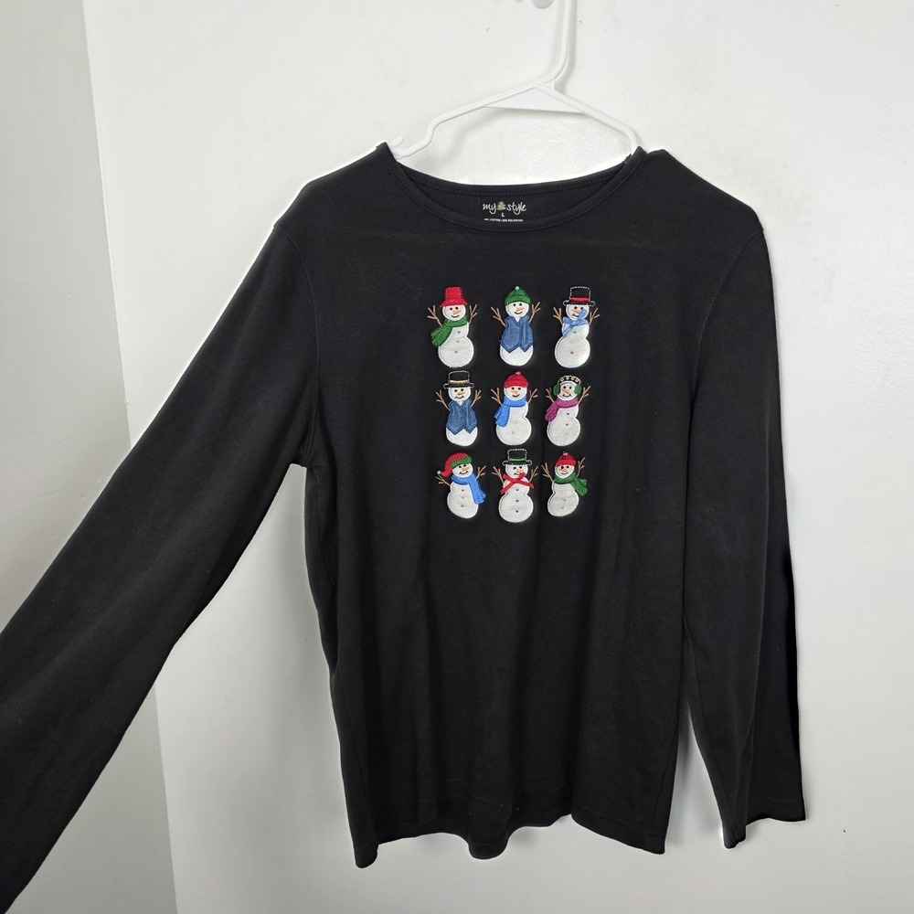 My Style Black Multicolor Snowman Embroidered Winter Christmas Knit Shirt Size L - Picture 1 of 6